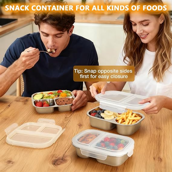 Stainless Steel Snack Containers with Lids, 2 Pack Stainless Steel Bento Box, Metal Lunch Box with 3 & 2 Compartments, Food Storage for Snacks, Fruit, Sauce, Dishwasher Safe for Travel