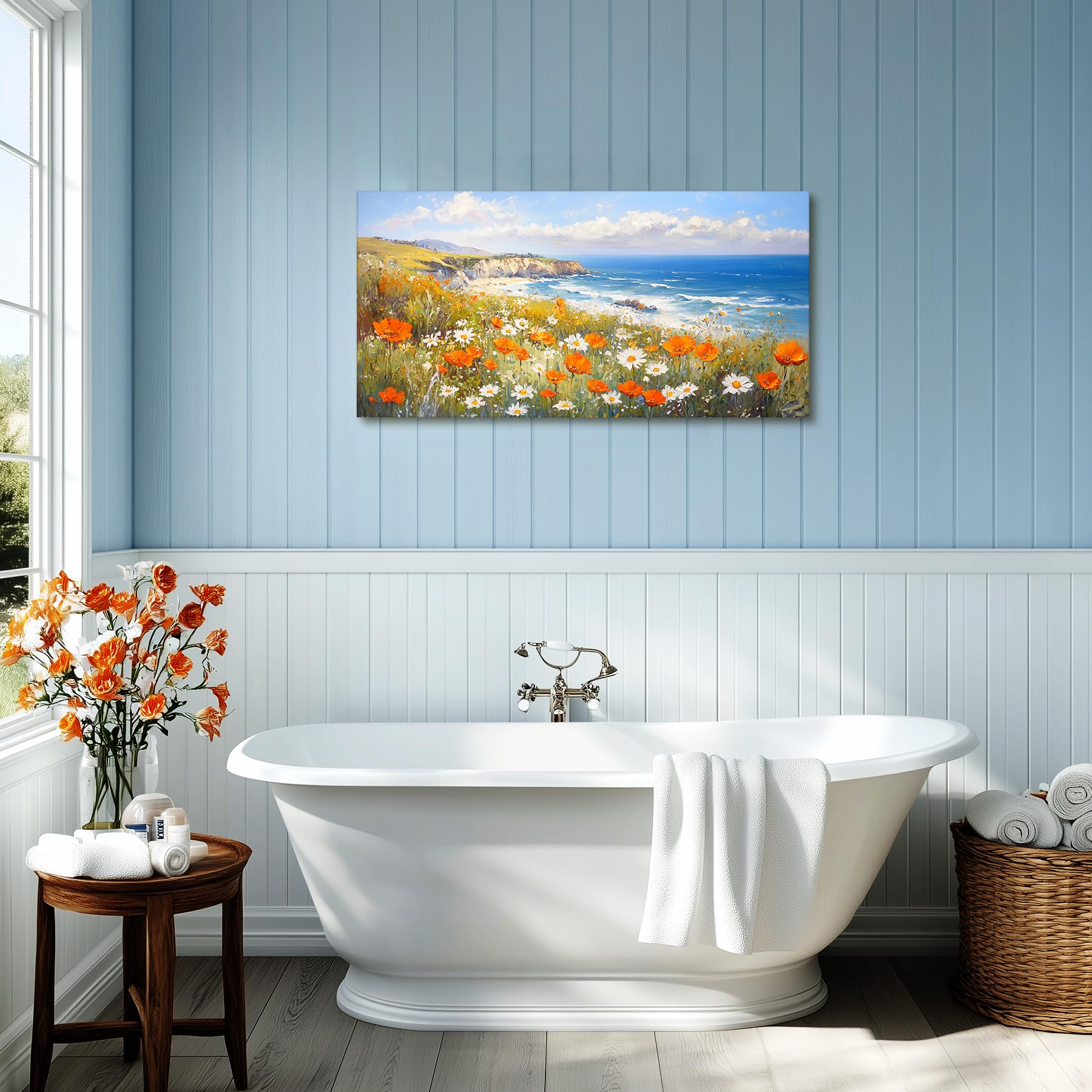 MHARTK66 Tableau Decoration Murale Salon, 50x100 cm Grand Impression sur Toile, Cadre Decoration Murale Mer Bleue et Fleurs, Moderne Décoration de Chambre Salle De Bain Maison Décorations
