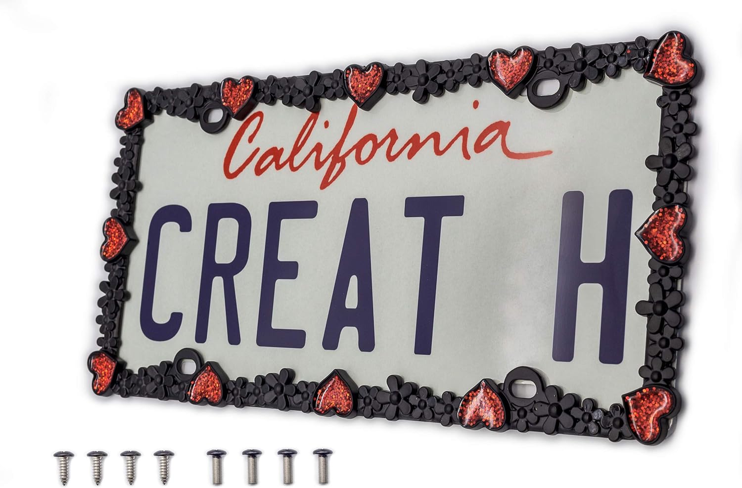 Creathome 3D Shining Daisy Heart License Plate Frame from Pure Zinc Alloy Metal Perfect Plate Holder, Matt Black with Red Glitter, Luminously Heart