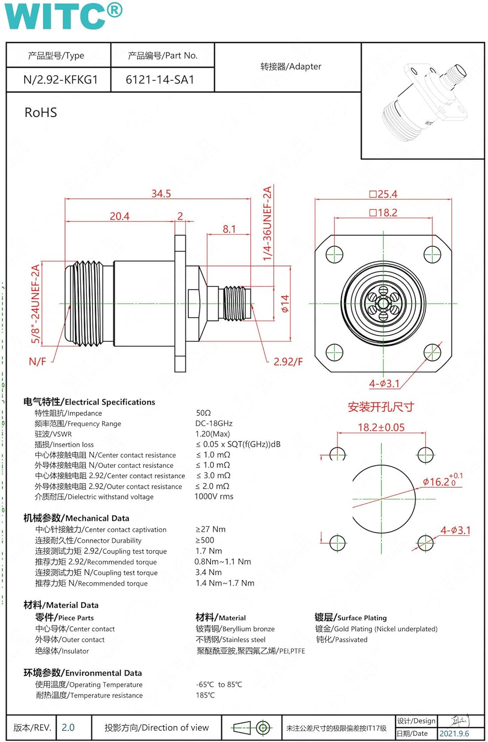WITC RF Coax Adapter N Female to 2.92 mm Female Dc to 18 GHz High Frequency Coax Adapter 50 Ohm Stainless Steel VSWR 1.20 for RF Equipment Coaxial Cable Wireless LAN Radio Devices (Square-Flange)