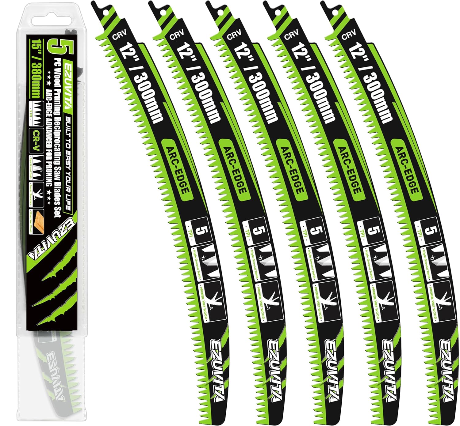 12-Inch Arc Curved Reciprocating Saw Blades Set with Storage Box – 5 Pieces, 5 TPI, CR-V Steel for Tree Trimming & Wood Pruning