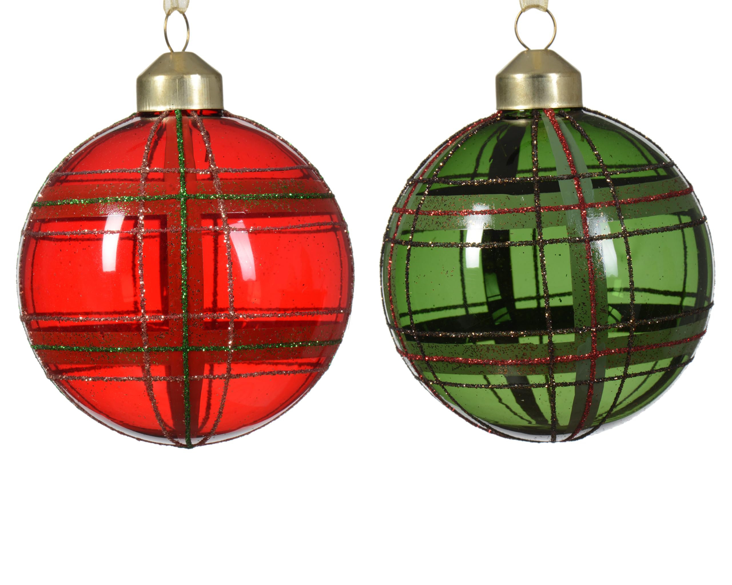 Bolas de Navidad de cristal, 8 cm x 12 unidades, con diseño de cuadros, color rojo, verde oscuro y dorado