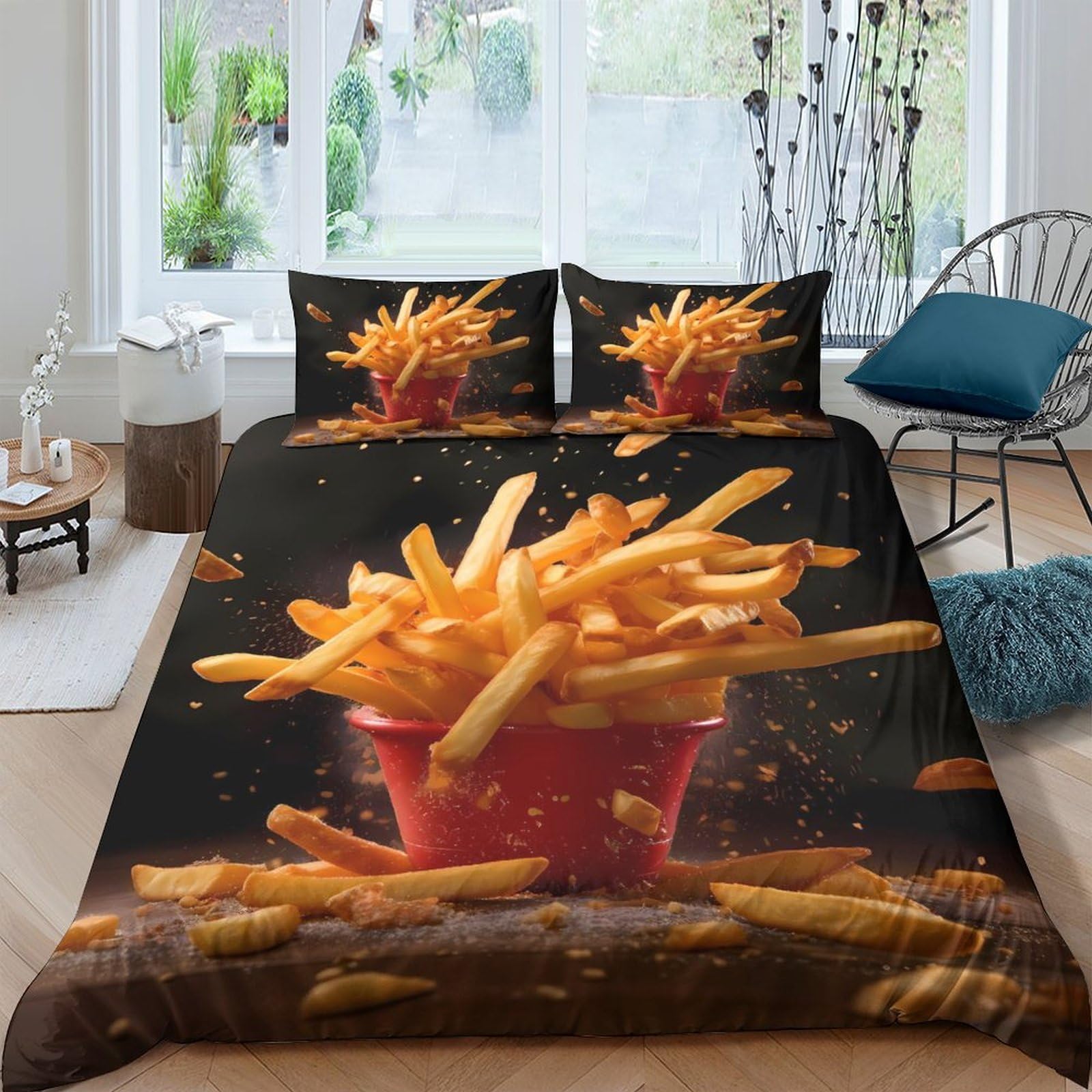 Ctjqhvkz Style-8 3D Printed French Fries Fitted Sheet Microfiber Anti-Slip Bedroom Decor Snack Bed Cover Machine Washable Single（135X200cm）