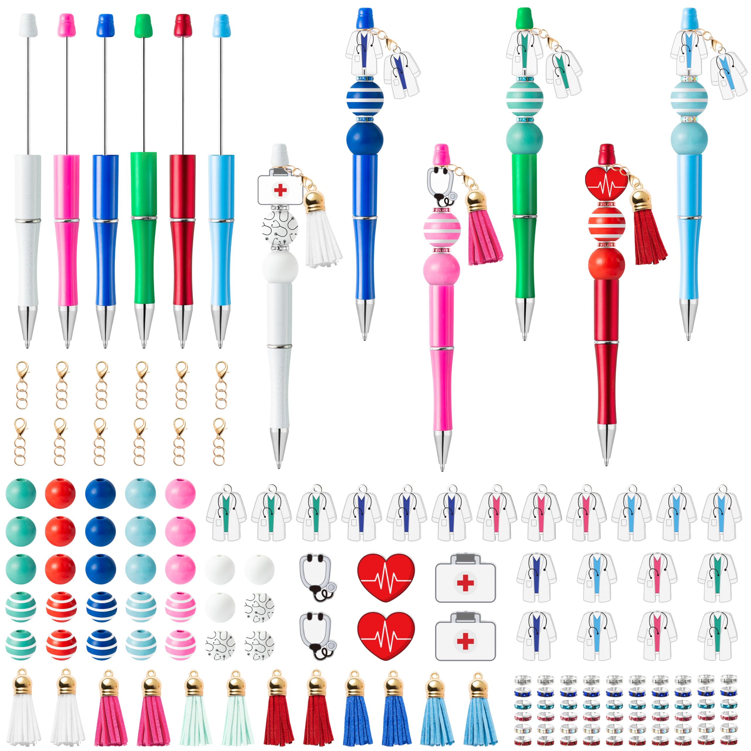165pcs Doctor-Theme Beadable Ballpoint Pen Set, Set of 12pcs Plastic Beadable Pen, Doctor Uniform Stethoscope Wood Bead, Crystal Spacer Bead, Resealable Foil Pouch Bag, Cute DIY Ballpoint Pens