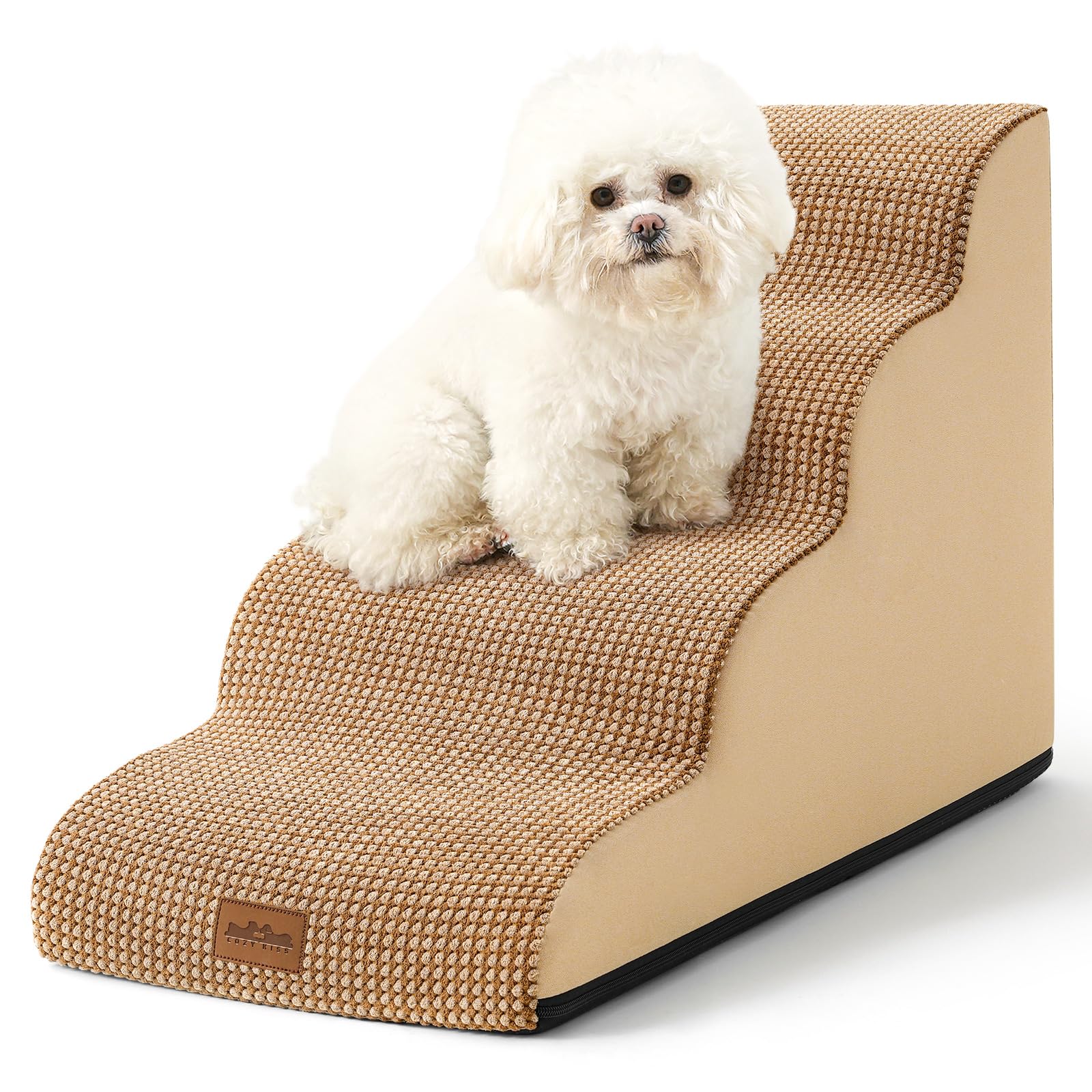 COZY KISS Scale per Cani di Piccola, Scale per Animali per Letto, Divano e Sedia, Rampa per Gatti con Rivestimento Lavabile e Fondo Antiscivolo, Leggera, 40x72x50cm, 4 Gradini, Marrone Chiaro