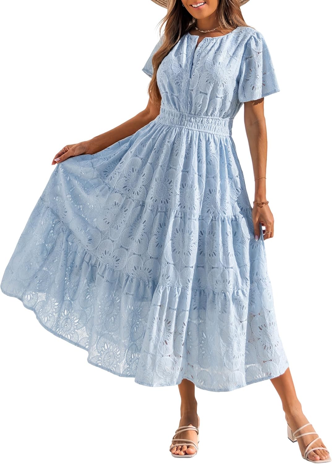 Summer Flowy Maxi Dresses for Women 2026 Spring Vacation Eyelet Lace Short Sleeve Wedding Guest Casual Boho Dresses