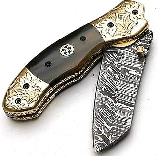 PAL 2000 KNIVES FOL-8904 Custom Handmade Damascus Steel Blade Folding Pocket Hunting Knife with Sheath - PAL 2000 KNIVES