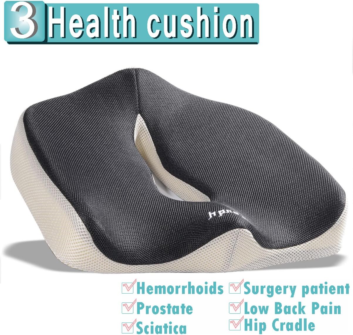 iCoudy Memory Foam Seat Cushion, Seat Cushion, Car Seat Cushion, Chair Cushion, Sciatica Cushion, Prostate Cushion, Low Back Pain Cushion (Grey/Black)