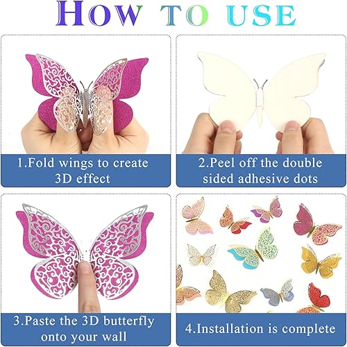 Miniatura 3 de LOMIMOS 36 piezas de decoración de pared de mariposa de oro rosa 3D 3 tamaños calcomanía de pared para pastel de pared decoración de fiesta sala de