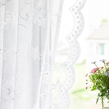 Lace Curtains 84 Inch Vintage Floral Sheer Farmhouse Curtain with Scalloped Edge & Pearly Decorations, 55" Wx 84" L, White Set of 2 Panels