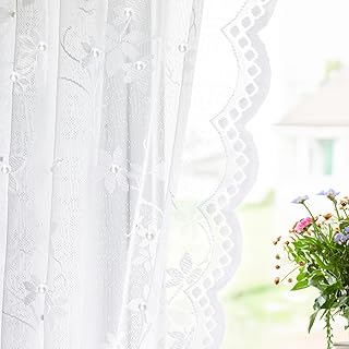 Lace Curtains 84 Inch Vintage Floral Sheer Farmhouse Curtain with Scalloped Edge & Pearly Decorations, (55