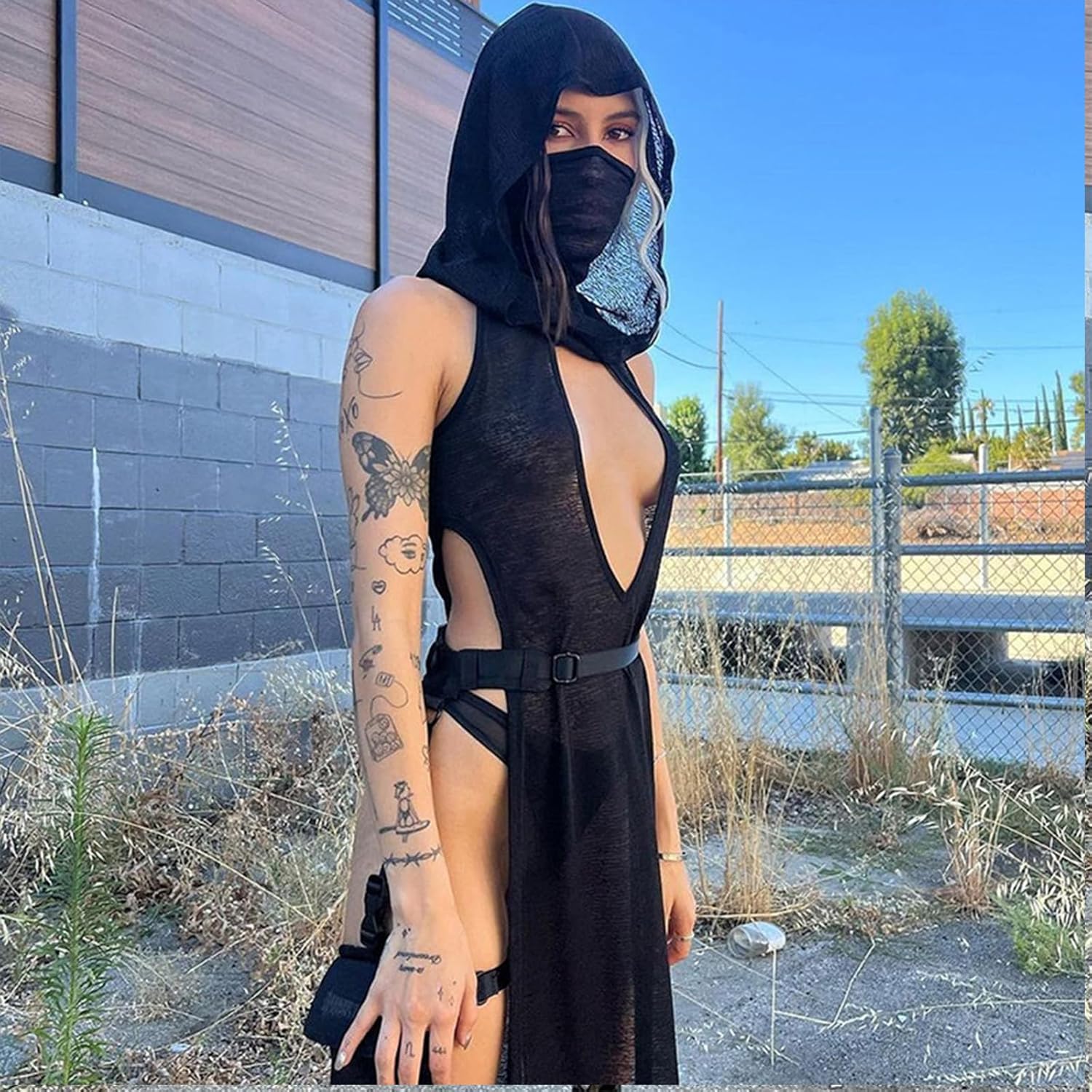 CAPE CLIQUE Rave Outfits for Women Festival Sexy Halloween Costume High Slit Sheer Gothic Dress with Hood Swimsuit Cover Ups - Image 5