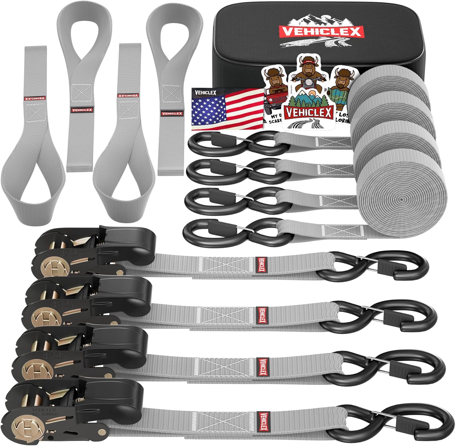 Ratchet Tie-Down Straps Set - (1" x 15', 2200lbs Breaking Strength) - Vehiclex Soft Loops, Coated S-Hooks, Storage Bag for ATV, Motorcycle, Bicycle, Kayak, Cargo Securing, Silver