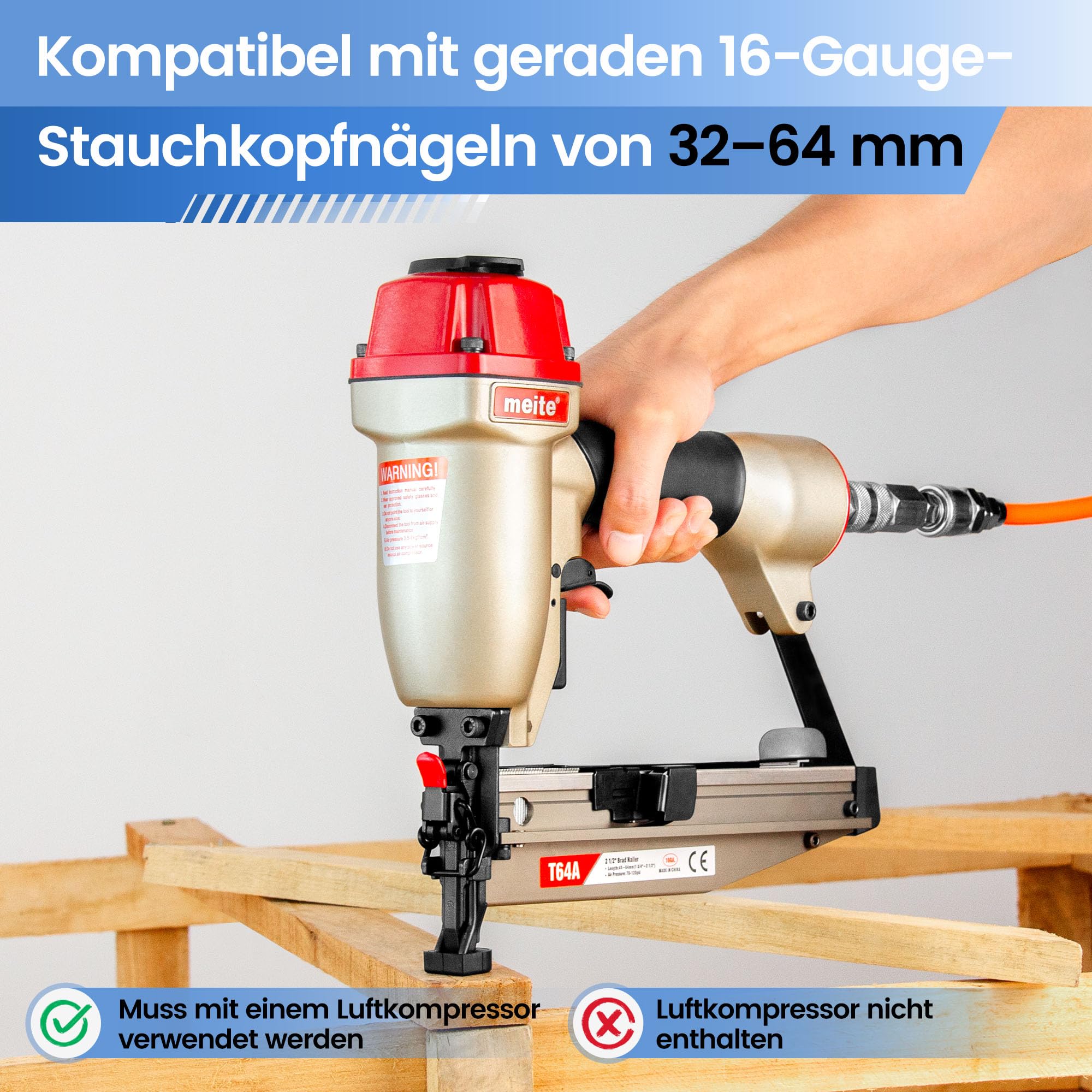 meite T64A Nagelpistole 16GA mit 2500 Stk. 50 mm Stauchkopfnägeln, für 32–64 mm Nägel, mit Tiefeneinstellung, Schnellverschluss-Nase, Sicherheitsnase, 100er Magazin