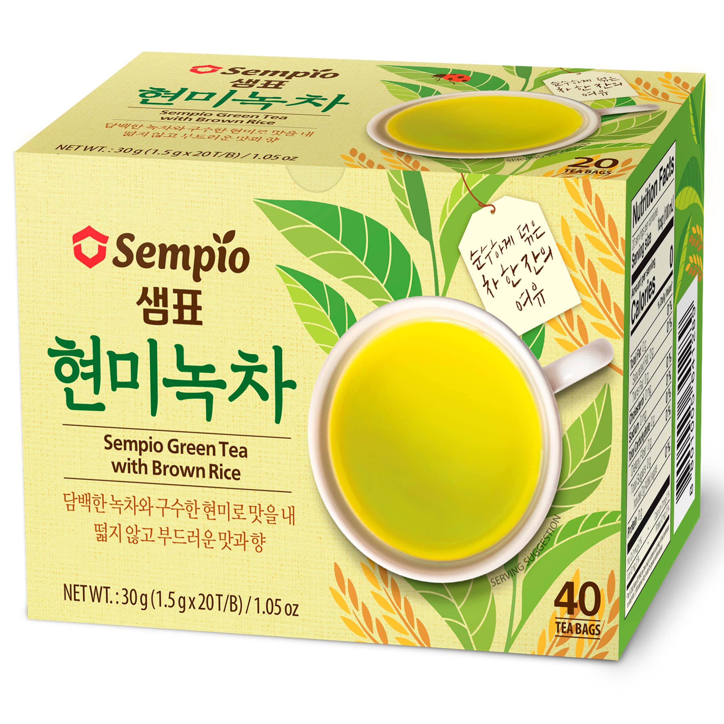Sempio Korean Tea Blend: Green Tea with Brown Rice, 40 Tea Bags (1 Pack)