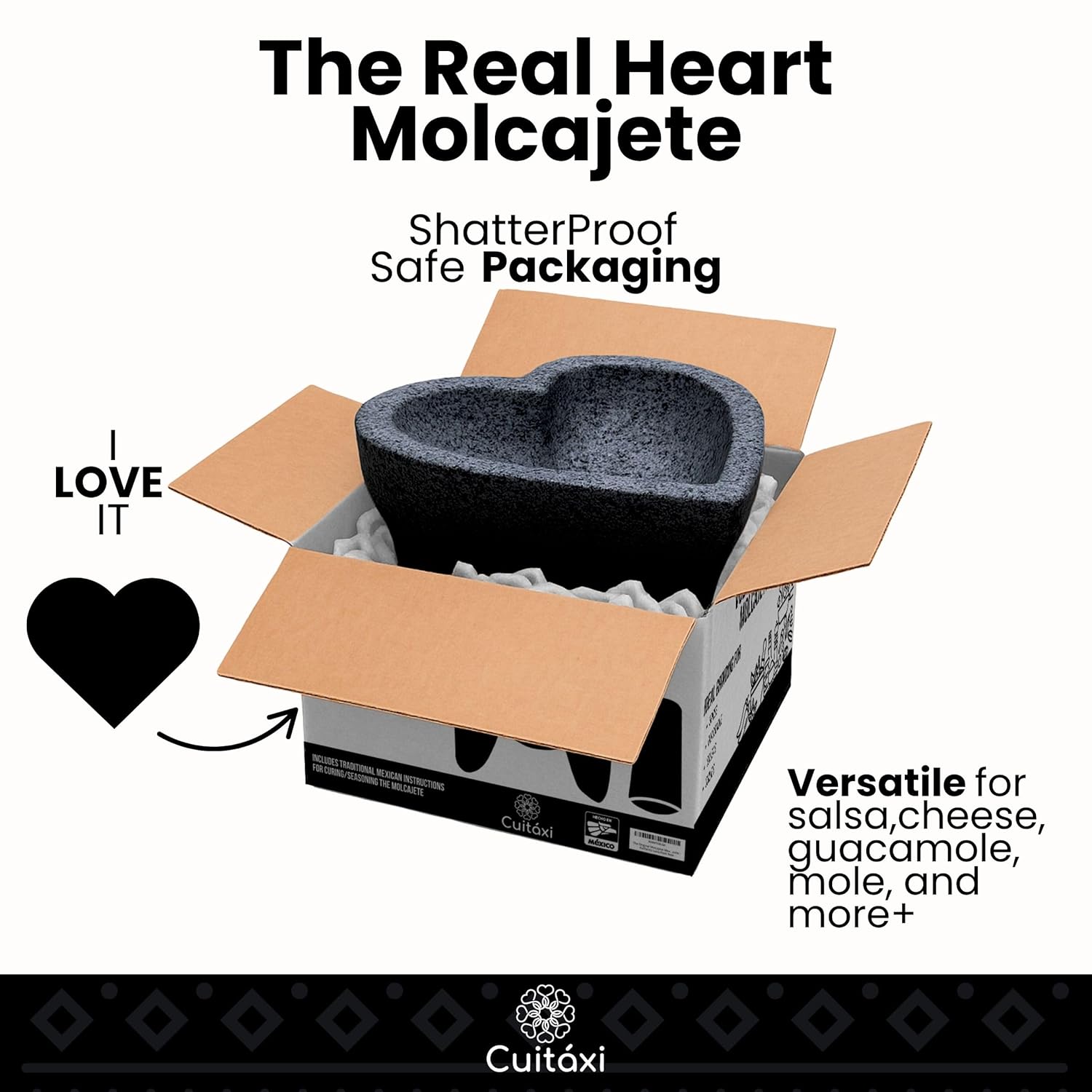 Cuitaxi The Original Heart Molcajete Mexicano - molcajete de Corazon Piedra - molcajete en Forma de Corazon - Heart Shape molcajete Bowl - molcajete Volcanic Rock Corazon Grande - Heart Shaped Mortar