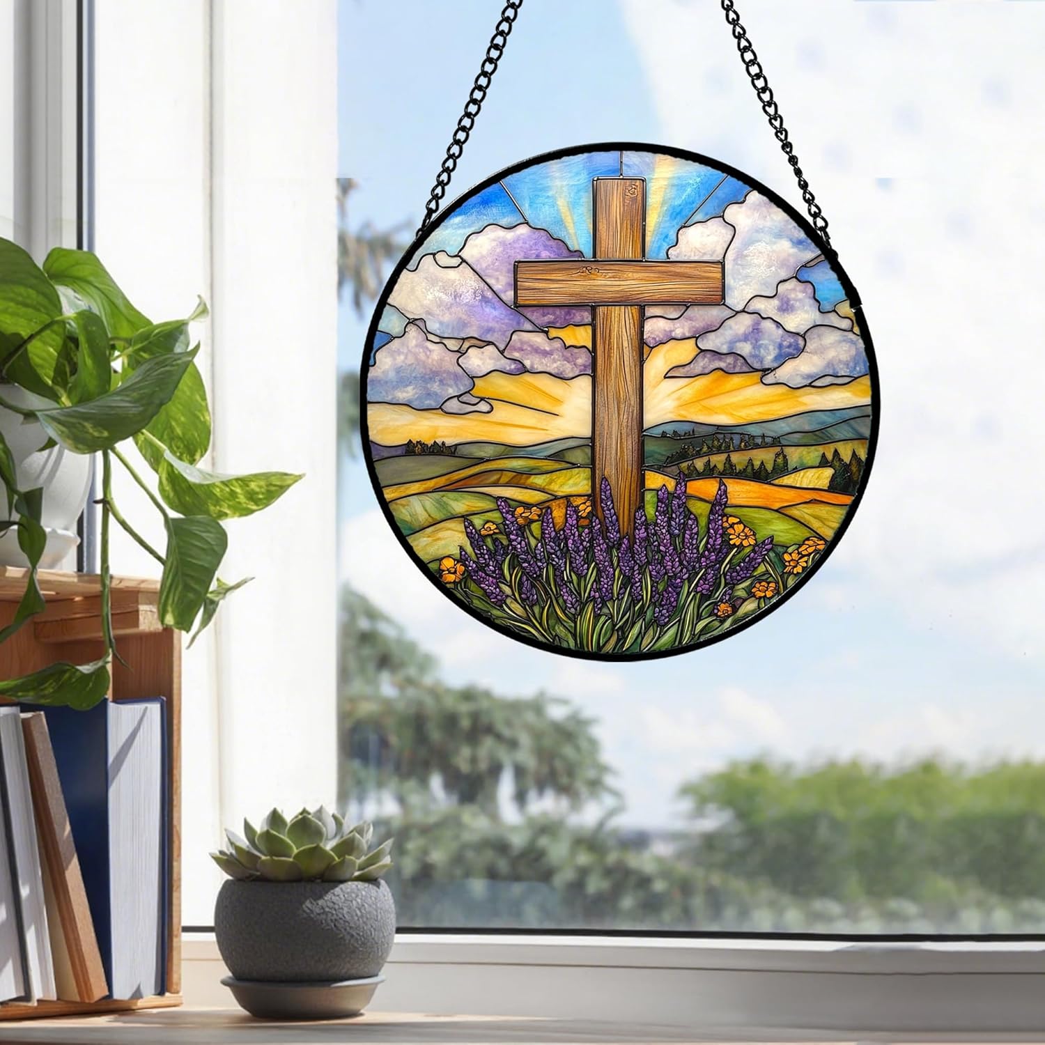 Christian Gifts for Women - Cross Stained Glass Window Hanging Jesus Easter Flower Mountain Sun Catcher Garden Religion Decor Mother's Day Catholic Gift for Grandma Mom Nana Her 9.8"