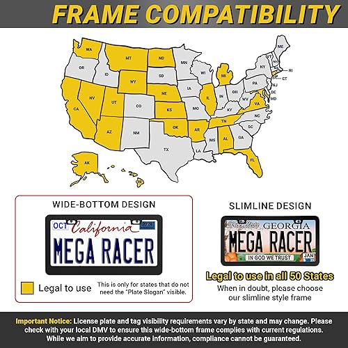 Miniatura 5 de Mega Racer Marco de matrícula de metal negro  2 agujeros delgados delanteros o traseros de aluminio negro con tornillos de acero inoxidable y tapas