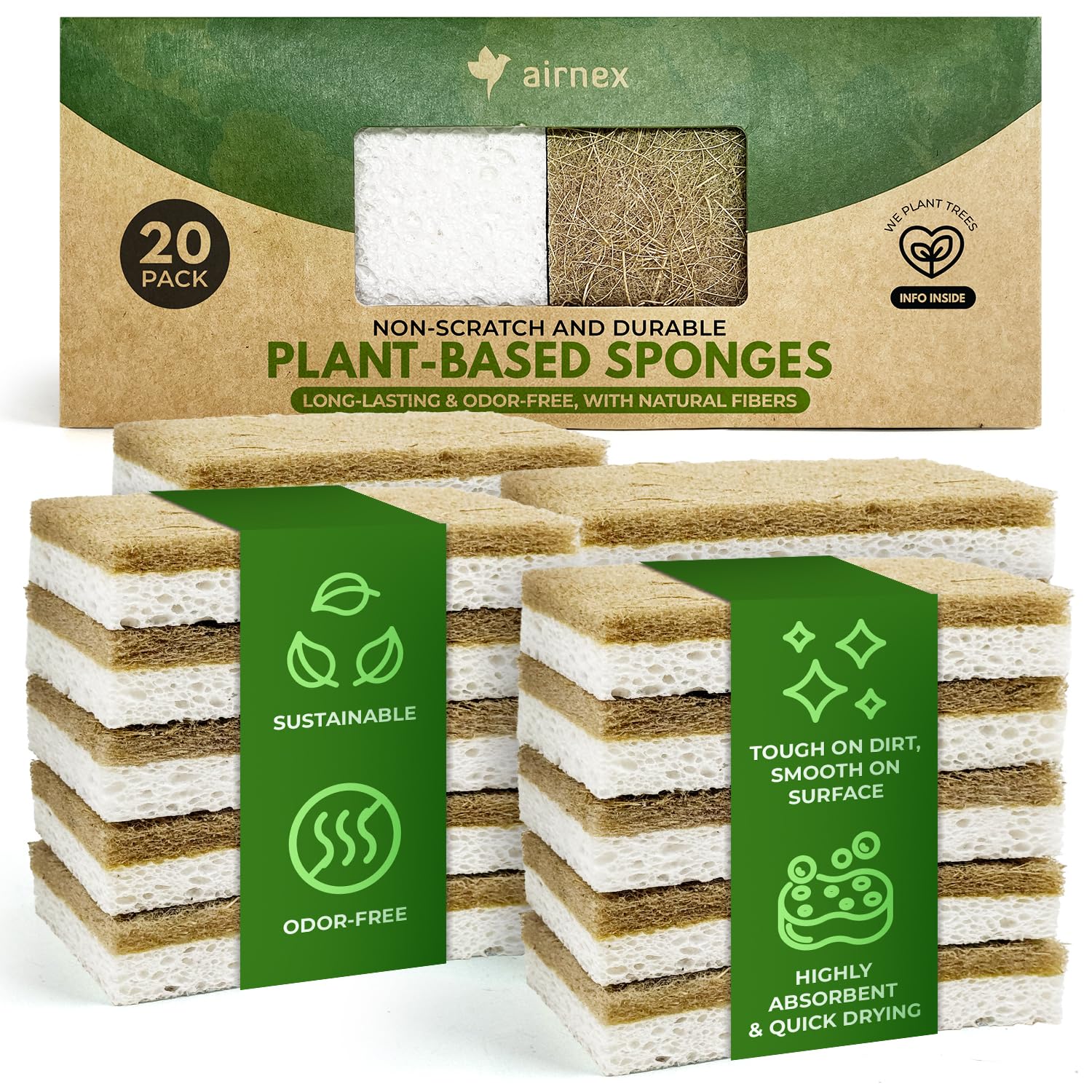 Natural Kitchen Sponges Pack of 20 - Biodegradable Cellulose and Coconut Husk Walnut Scrubbers - Odor Free Non Scratch - Eco Friendly Quick Drying Dishwashing Sponges