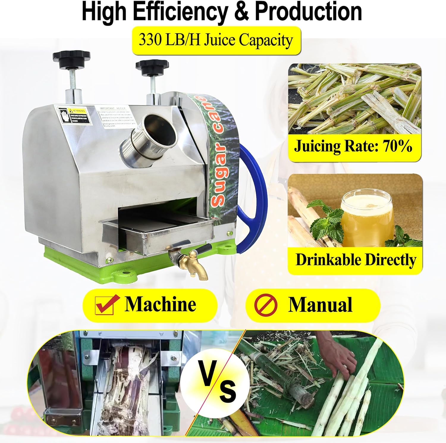 TECHTONGDA Efficient Manual Sugar Cane Juicer Machine, 330LB/H Output Sugar Cane Juicer Press, 2.4" Large Inlet Sugarcane Press Extractor with 2 Peeling Knives, Ideal for Homes, Shops, Restaurants