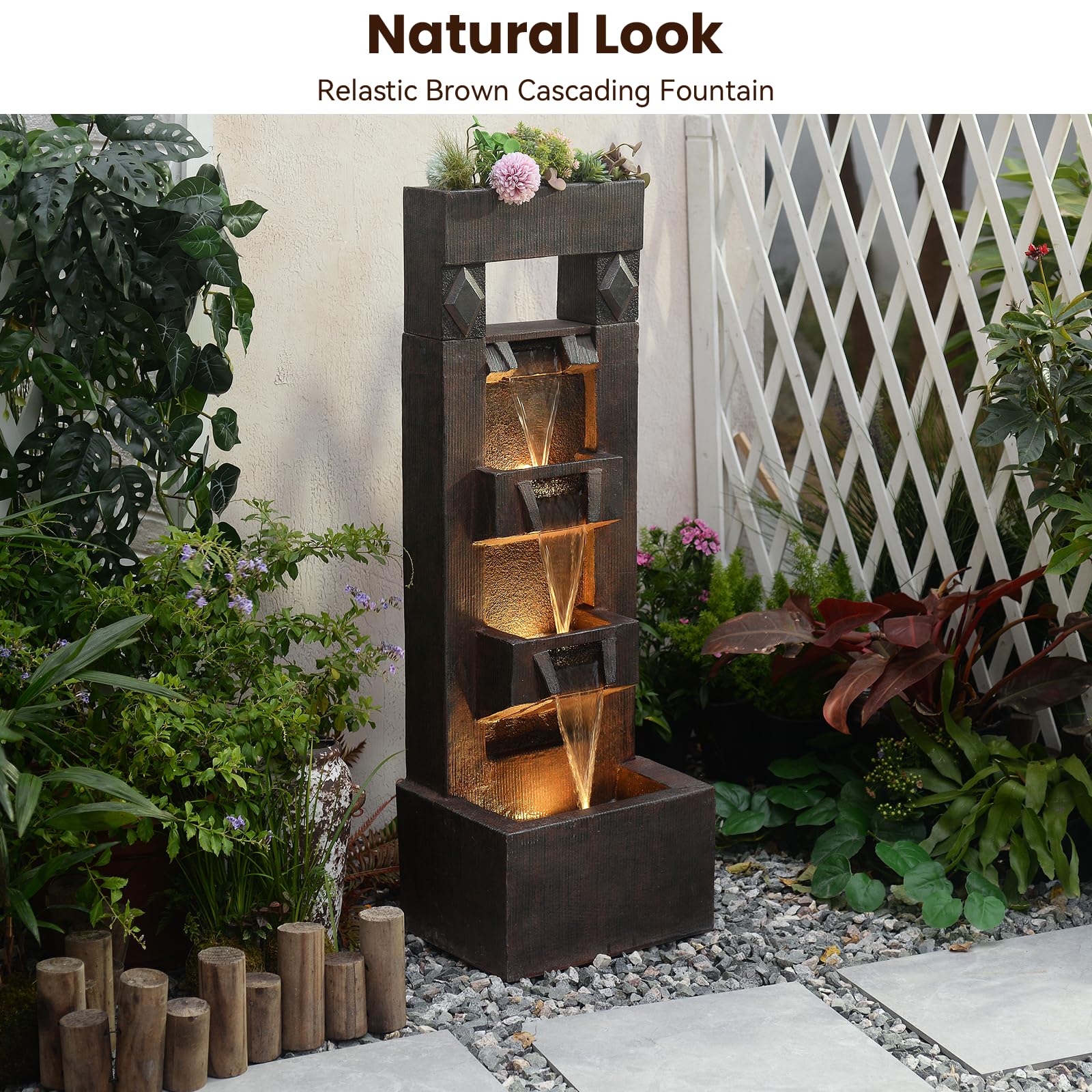 Bumilgar 104 cm Gartenbrunnen, 4-stufiger Wasserbrunnen aus Kunstharz, moderner freistehender Wasserfall mit LED-Lichtern für Terrasse, Garten, Deck, Veranda und Heimdekoration, Braun