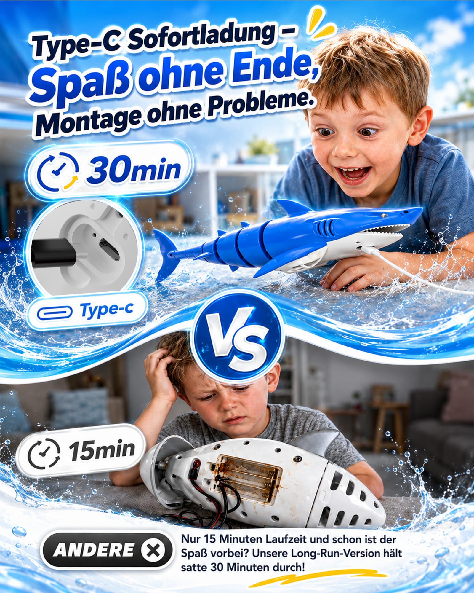 KOKODI Ferngesteuerter Robo-Hai für Kinder ab 3 Jahren – RC Wasserspielzeug mit Licht & Wasserdichter Fernbedienung, Sommerpoolspielzeug, Badespielzeug, Geburtstagsgeschenk Jungen Mädchen