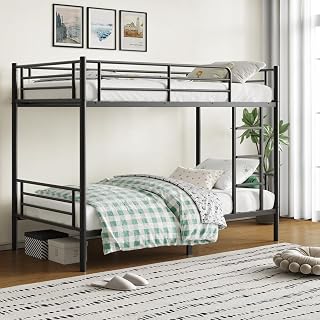 QUJEON Twin Over Twin Metal Bunk Bed for Kids Teens Adults - 400 lbs Capacity, Guardrails, Ladders, Black