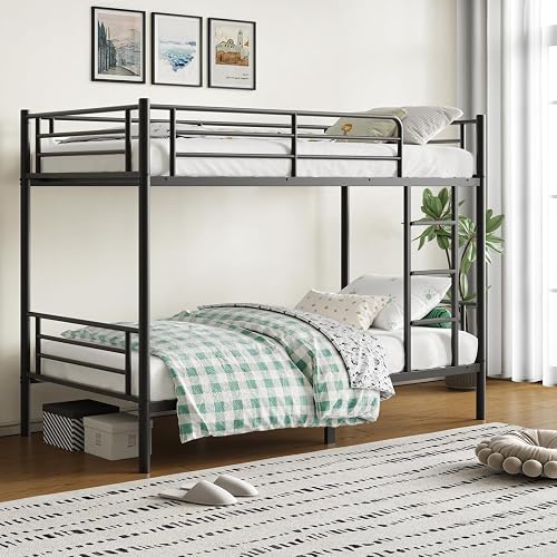 Bunk Bed Twin Over Twin for Kids Teens Adults with Ladders and Guardrail,Sturdy Literas Heavy Duty Metal Slats,400 lbs Capacity,No Spring Box Required,Black