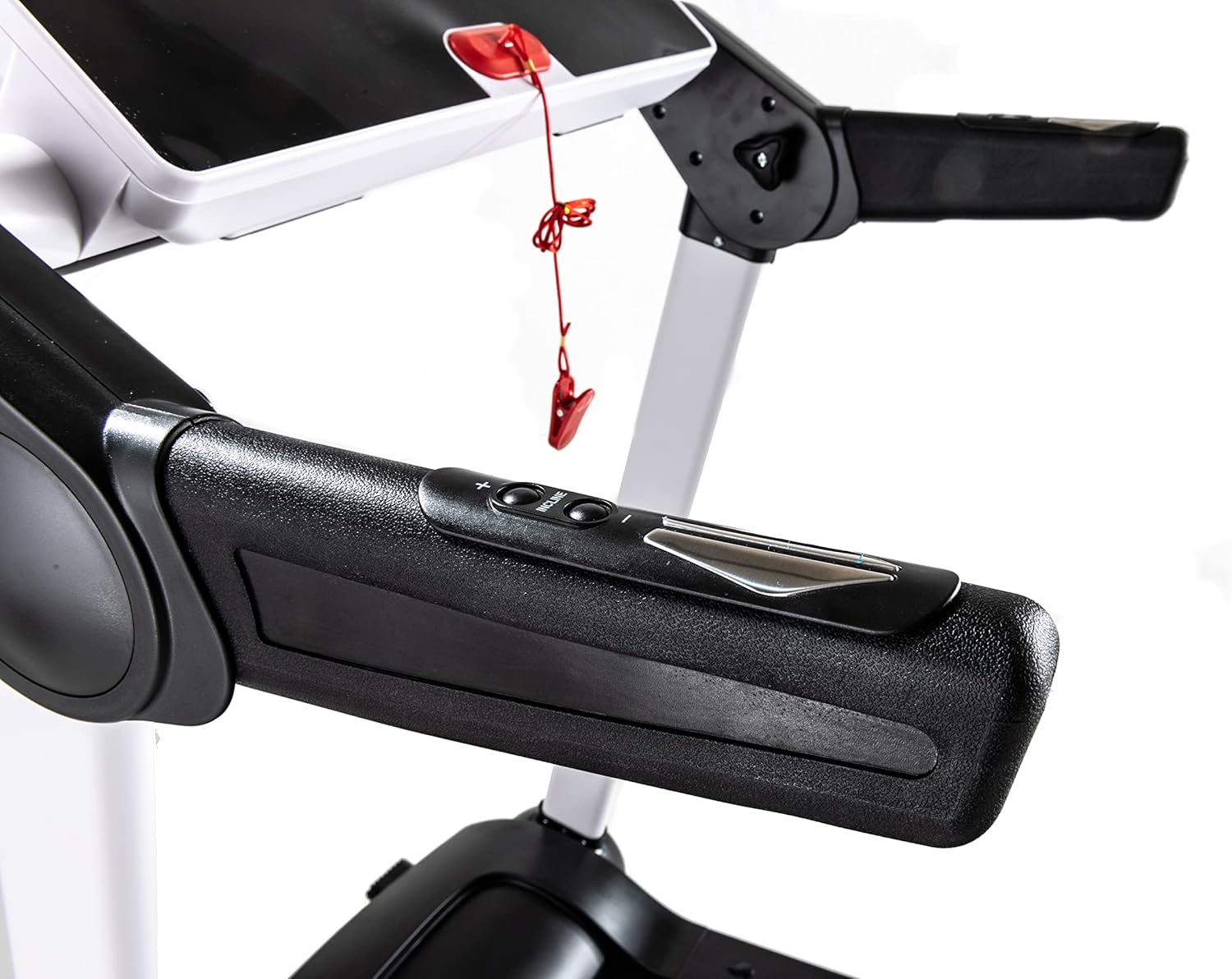Close-up of the treadmill handlebars, showing integrated control buttons for speed or incline.