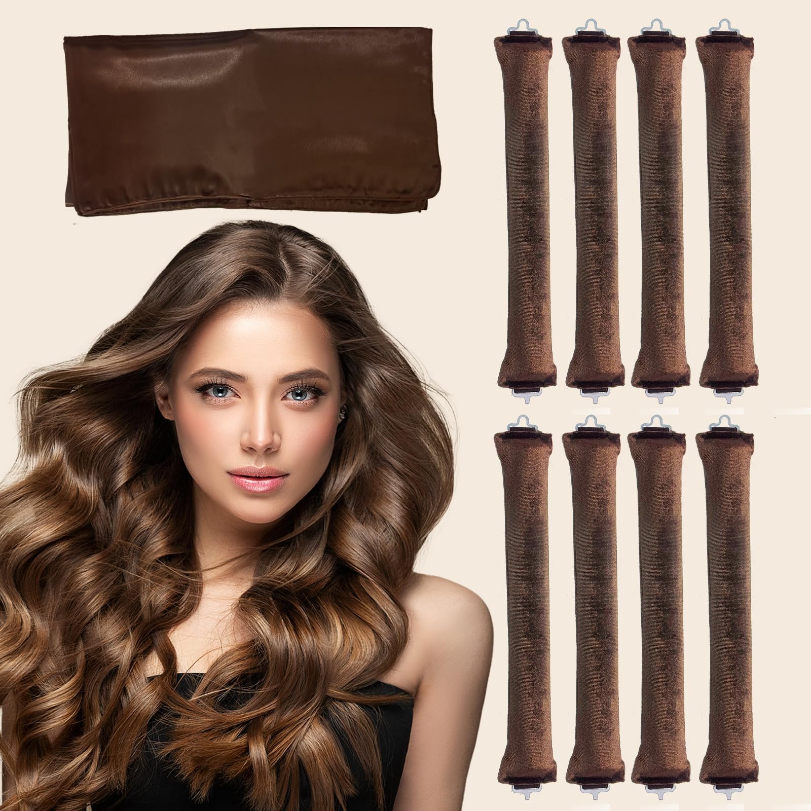 9PCS Heatless Hair Curler Velvet, Heatless Curls Overnight Hair Curlers to Sleep in, Overnight Rods Heatless Curls, Gentle Styling Tools Fit for All Hair Types-Brown