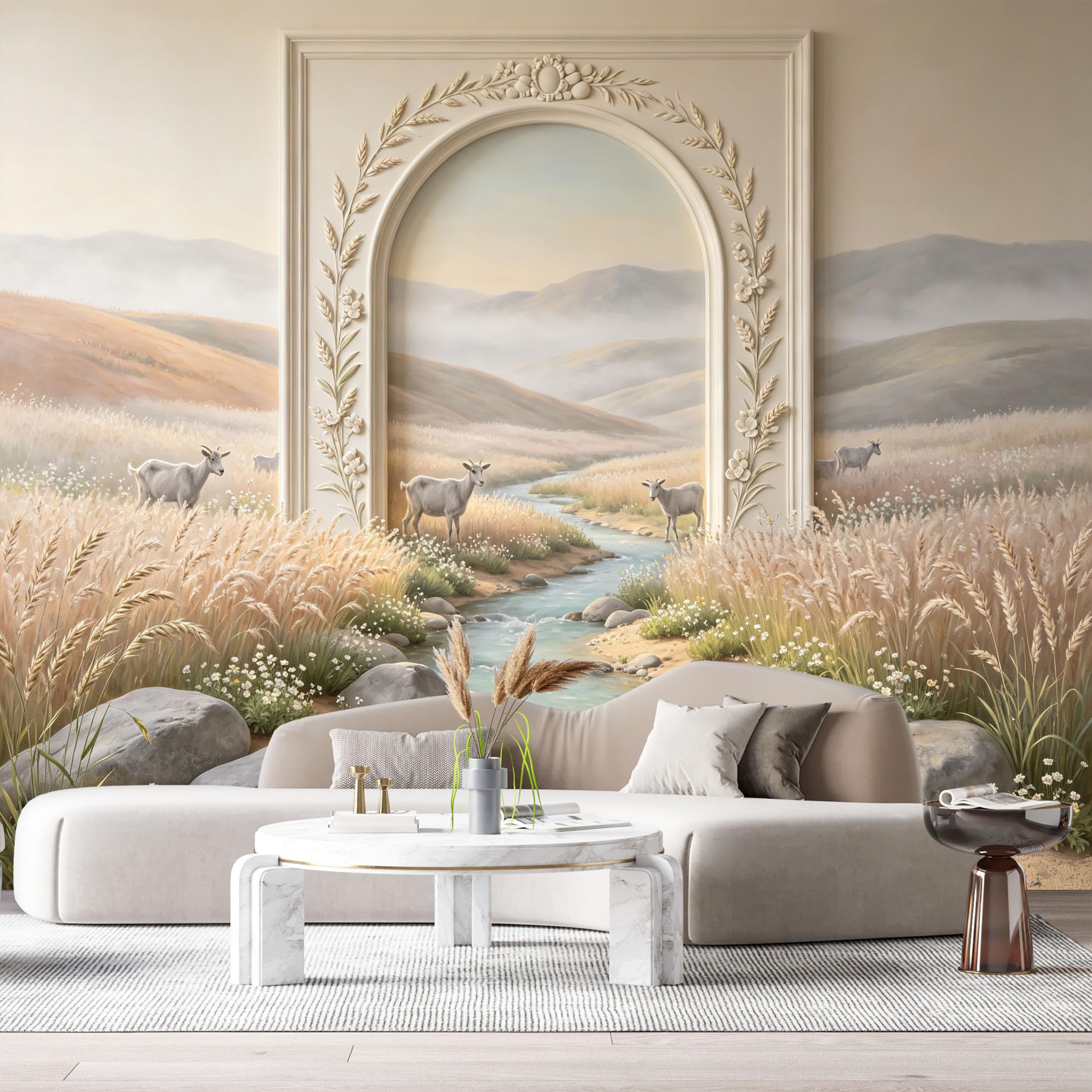 Custom Size Wall Murals Pastoral Creek Mountain Landscape Neoclassical Arch 3D Trompe L'Oeil SelfAdhesiveWall Fabric Removable Wallpaper Wall Decor for Living Room Bedroom Bathroom