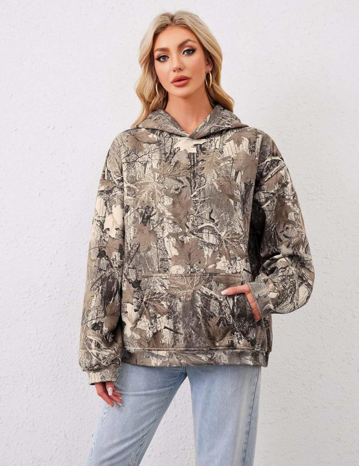 Women Camo Hoodies Maple Leaf Oversized Fleece Hooded Sweatshirt Loose Long Sleeve Pullover Top with Pocket Couple - Image 7