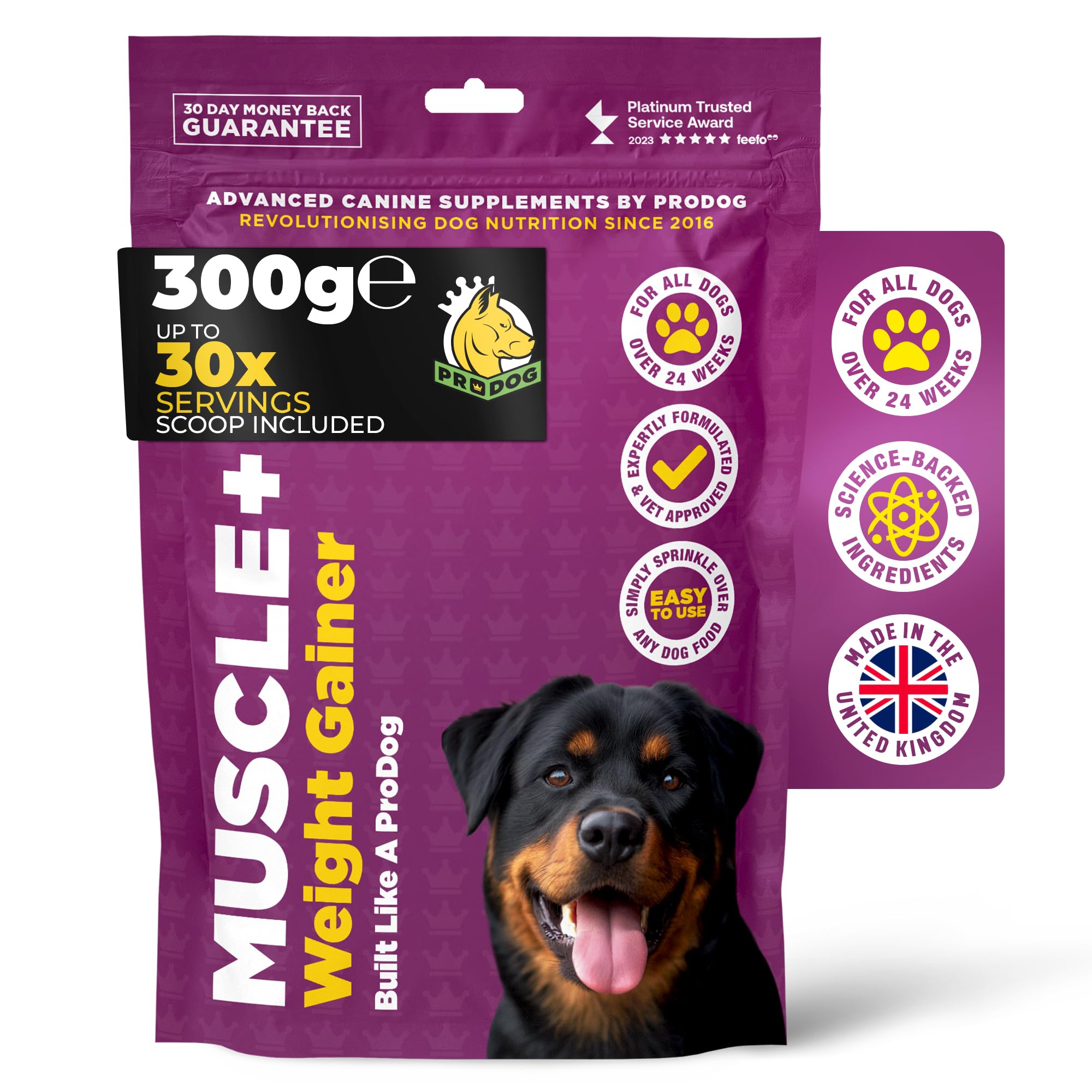 ProDogMuscle+ Dog Weight Gainer - Advanced Nutrition 76% Protein Per Scoop & Omega 3,6,9 - Supplement for Muscle Growth & Recovery, Underweight, Malnourished Dogs (60 Servings)