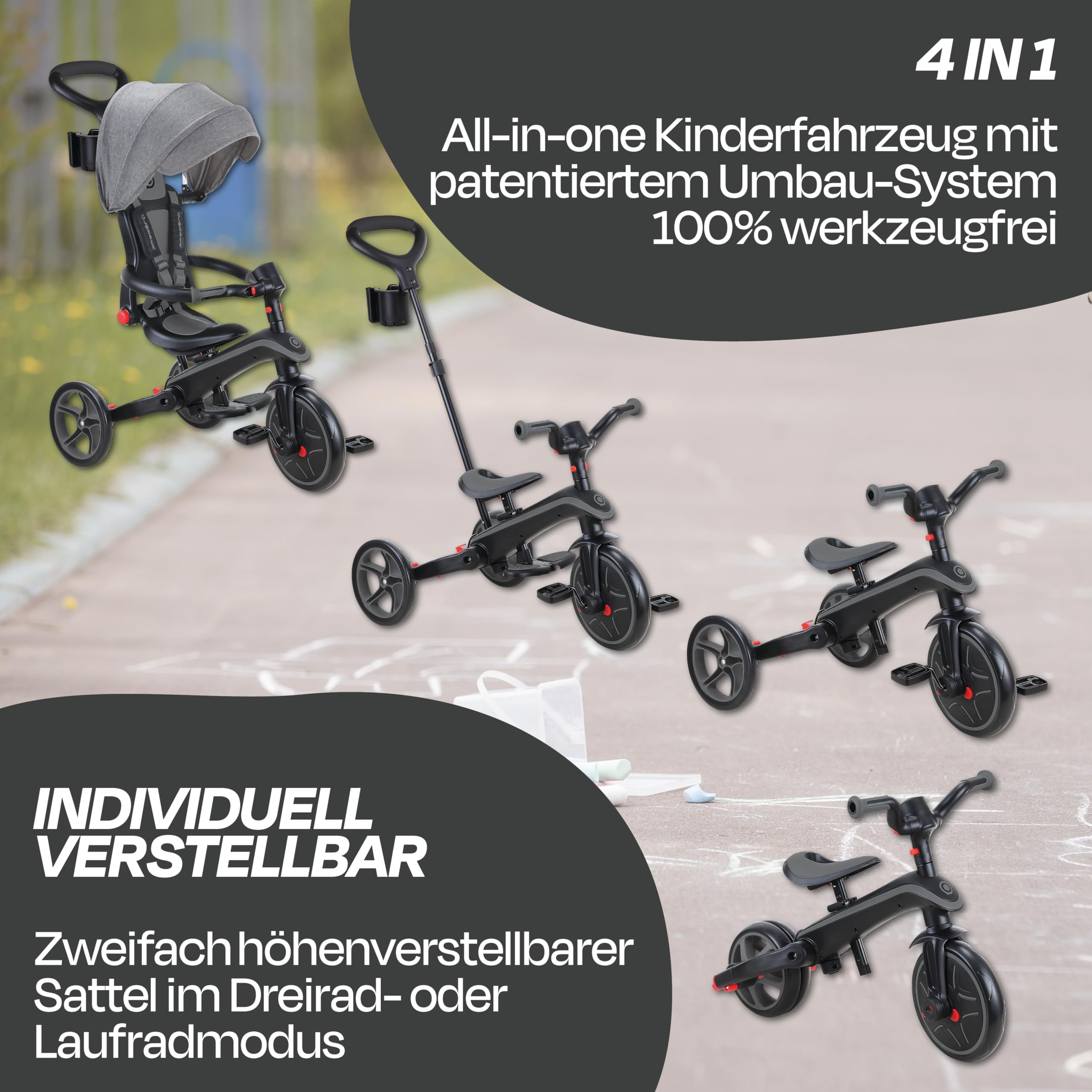 GLOBBER Explorer Trike Foldable 4in1 schwarz-grau – Dreirad, Laufrad und Kinderwagen in 10/8,5 Zoll – TPR-Sitz – höhenverstellbares Kinderfahrzeug