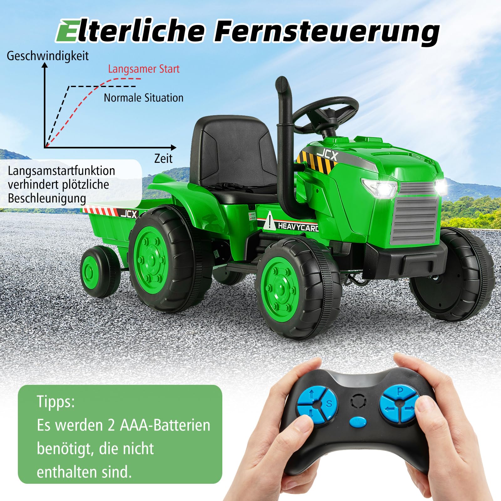 GOPLUS 3-in-1 kindertractor, elektrische auto met 6 wielen, verstelbare grafschep en afneembare aanhanger, elektrische zittractor voor kinderen van 3-8 jaar, tot 30 kg belastbaar (geel