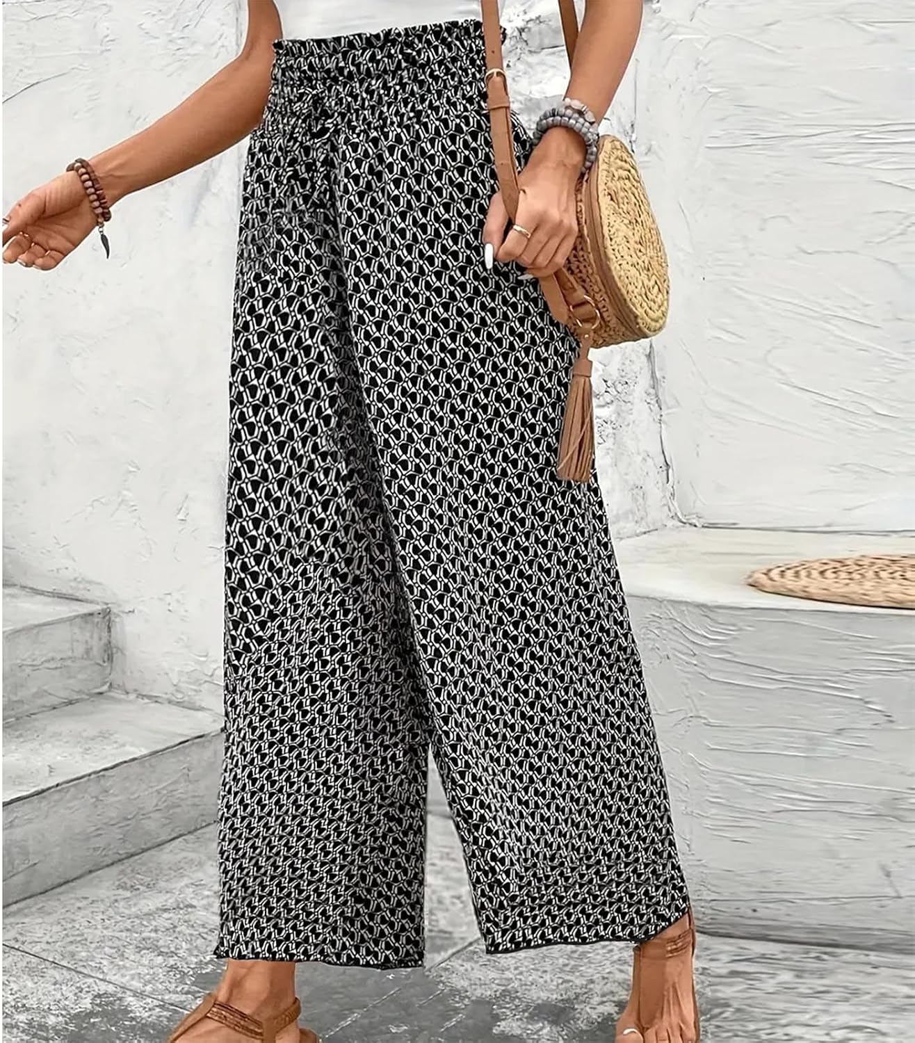 Women's Wide Leg Pants Flowy Drape Ruffle Drawstring High Waist Palazzo Pants Loose Baggy Trousers with Pockets