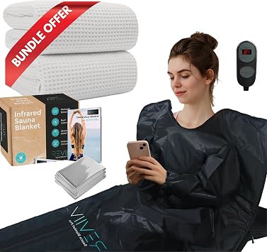 [Bundle] Far Infrared Sauna Blanket with Arm Sleeves & Insert Waffle Towel - 2 Pack Luxuriously Soft and Absorbent Waffle Towel Insert Sacks - Simplifies Cleanup - Grey