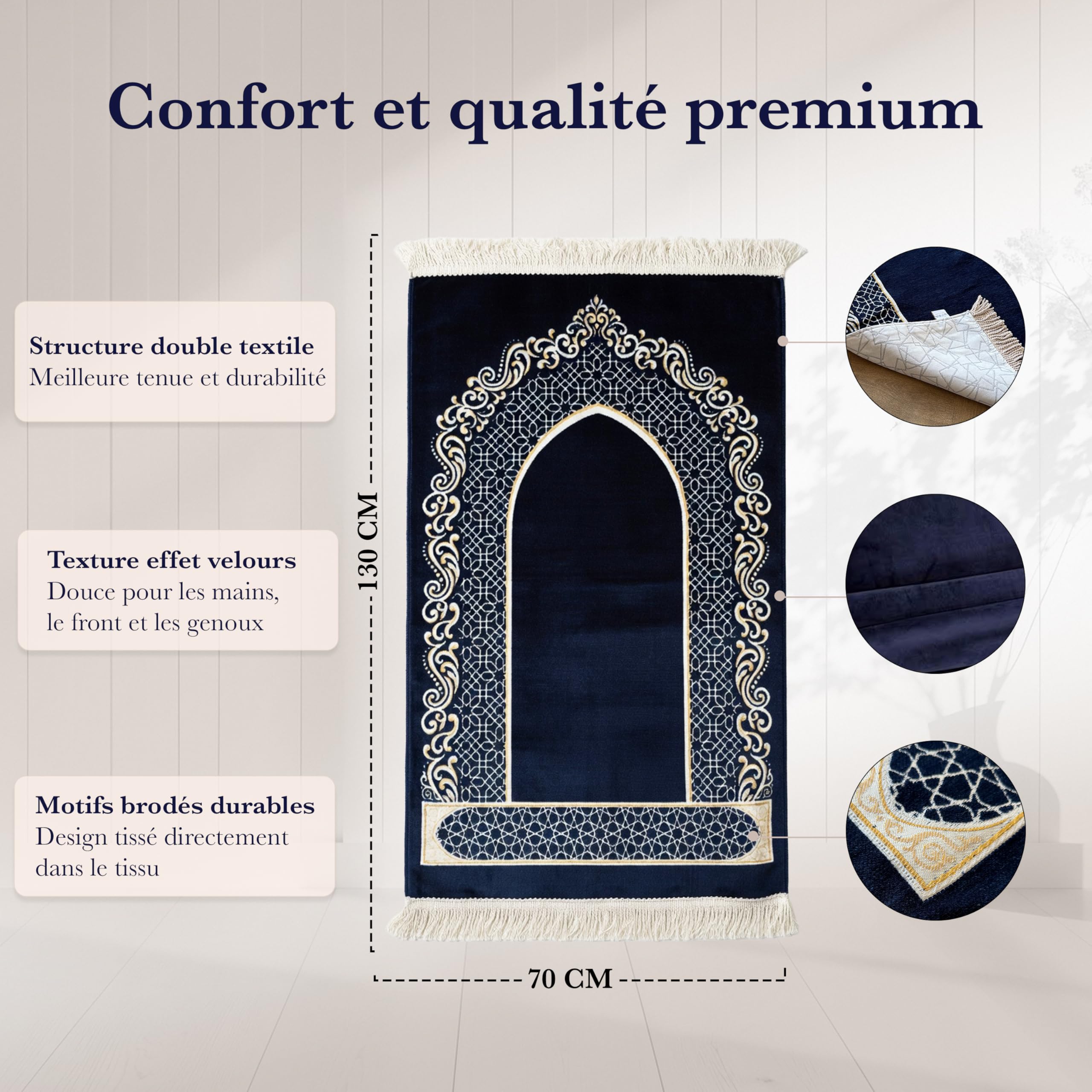 Tapis de Prière Musulman 130 x 70 cm – Velours Doux, Motifs Brodés, Épaisseur 0,4 cm, Tapis Prière Islam Élégant avec Tasbih et Housse (Bleu Nuit)