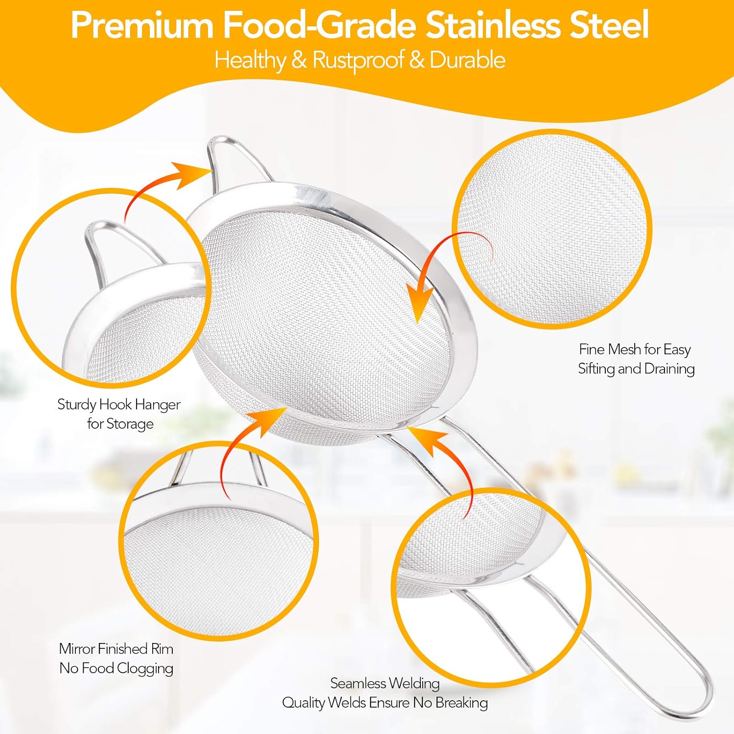 Kitchen Fine Mesh Strainers, KINMAD 3 Pcs Stainless Steel Mesh Strainer with Handle, 2.7"+4.8"+7.1"- Ideal to Strain Pasta, Noodles, Quinoa, Tea, Sift & Sieve Flour & Powdered Sugar