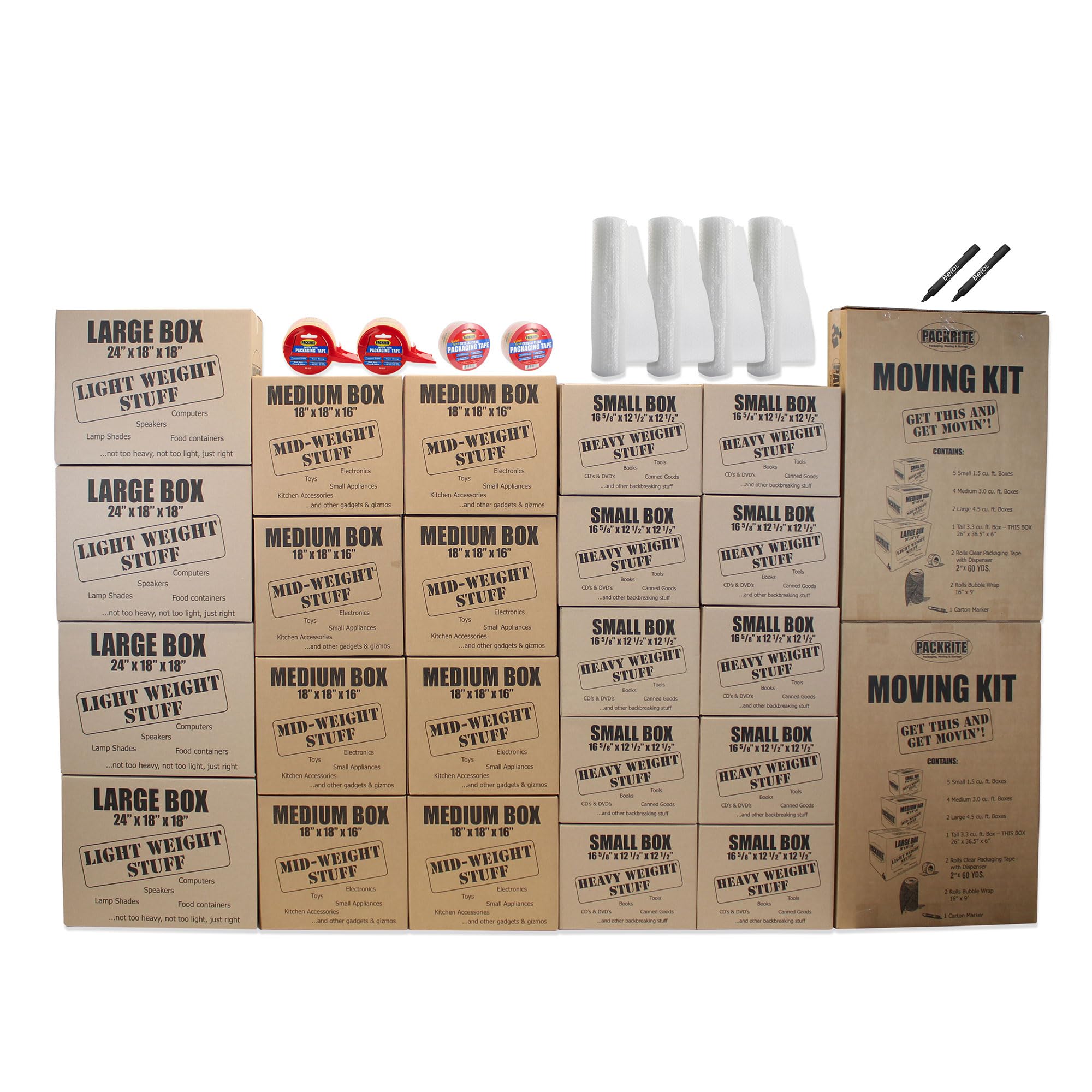 Large Moving Kit, 2 Room Small Apartment Boxes Kit, 24 Moving Boxes Large Medium Small, Packing Tape, Bubble Wrap, Markers, Moving Supplies