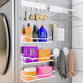 4 Pack Magnetic Shelves for Washing Machine, Heavy-Duty Magnetic Laundry Organizer with Hooks, Washing Machine Shelf for Refrigerator, Metal Storage Baskets, Closet & Laundry Room Organization(White)