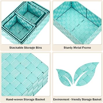 Storage Baskets: 6 Pack Stackable Woven Storage Bins, Aqua