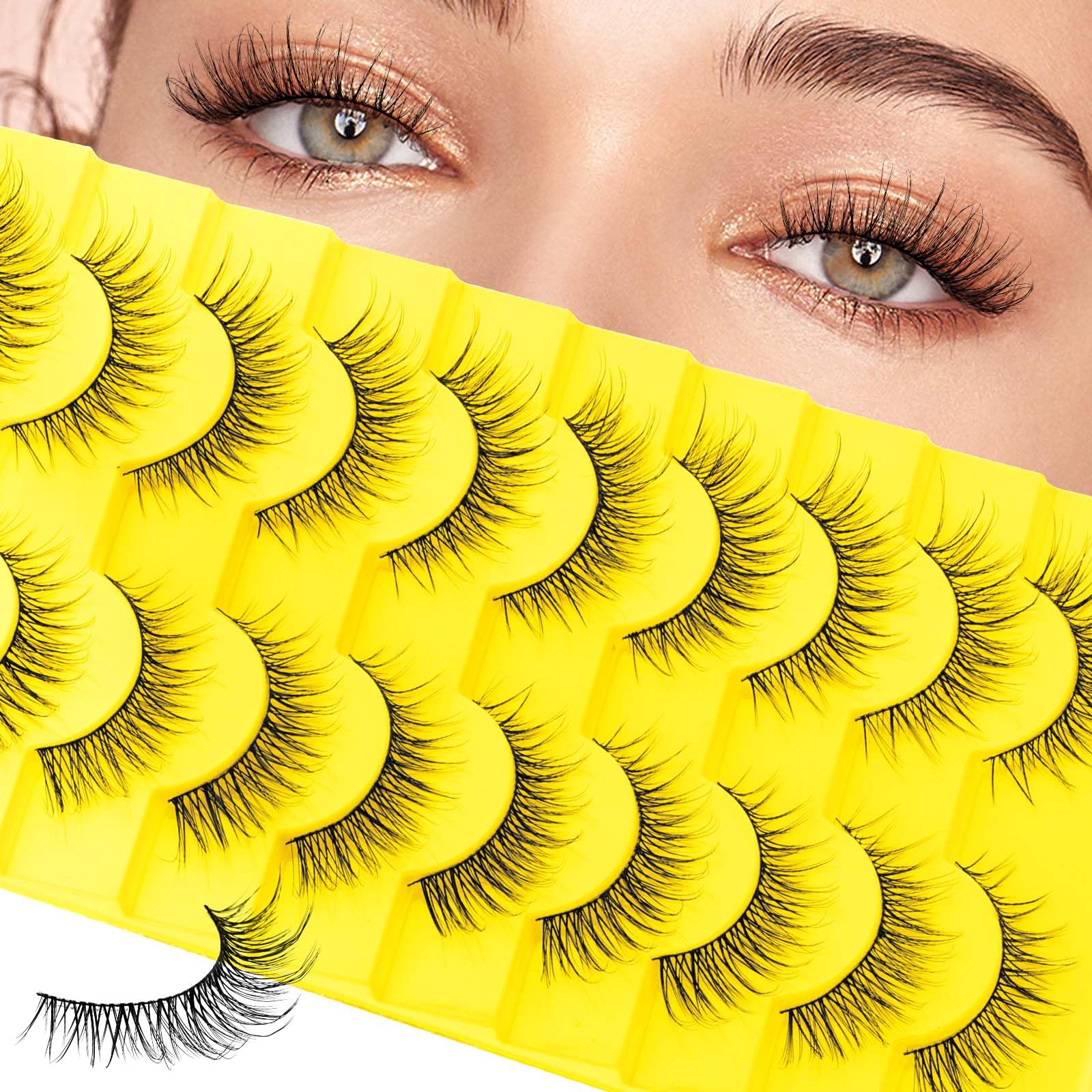 FADLASH Wispy Lashes Natural False Eyelashes Cat Eye Lashes Wispy Strip Lashes with Black Thin Band D Curl