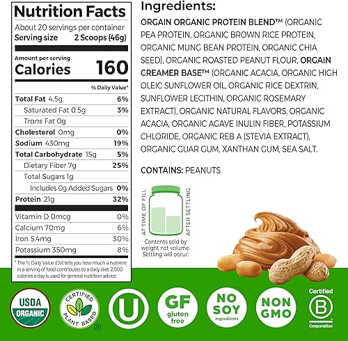 Miniatura 2 de Orgain Organic Vegan Protein Powder, Peanut Butter - 21g Plant Protein, 7g Prebiotic Fiber, Low Net Carb, No Dairy Ingredients, No Added Sugar, For