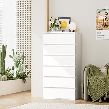 FOREHILL White Chest of Drawers Bedroom Tall Storage Cabinet with 7 Drawers | Dresser Drawers, Bedroom Furniture, Storage Cupboard for Living Room Hallway, Painted Surface, Wooden 60 x 40 x 119cm