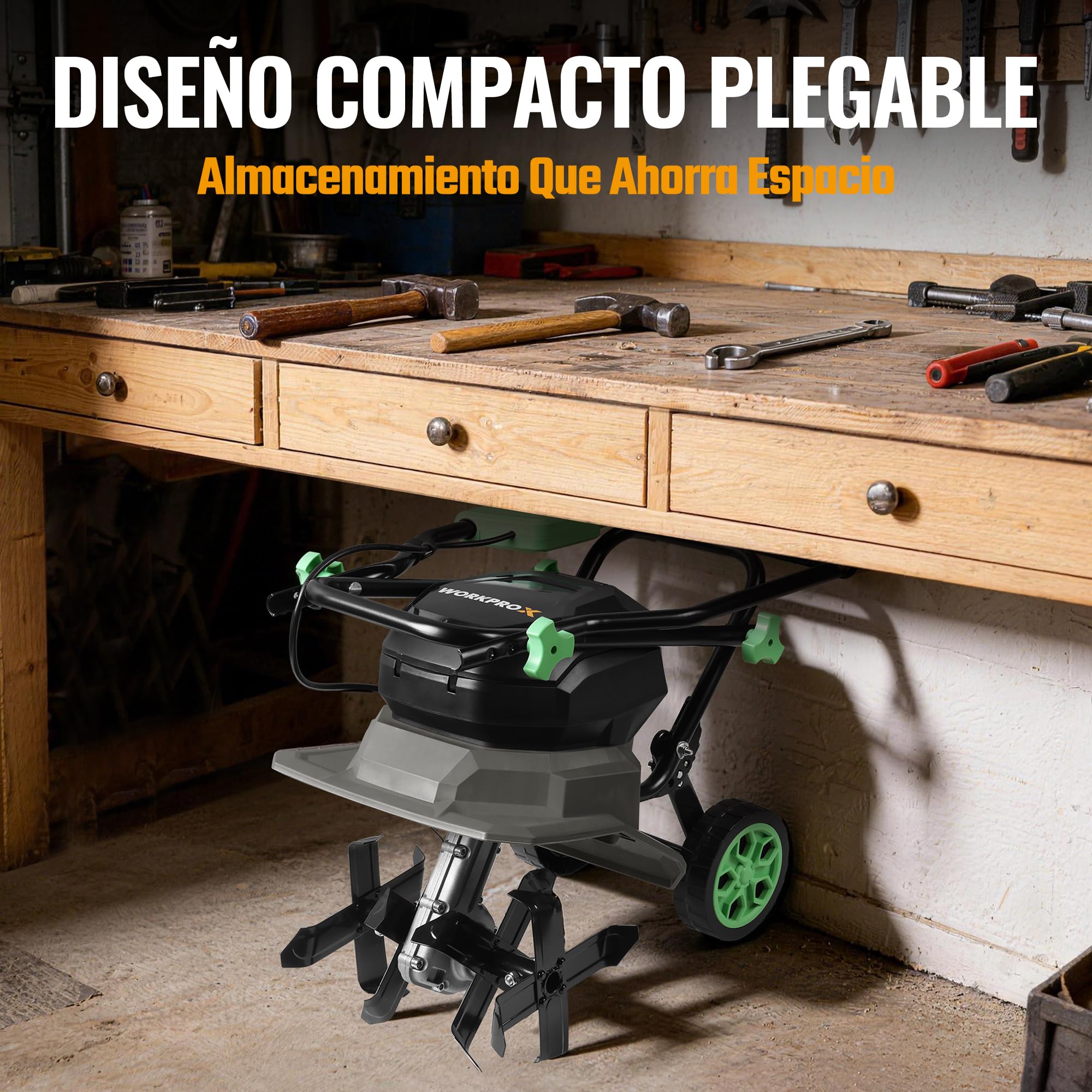 WORKPROX Motoazada Eléctrica a Batería 40V con 2×4,0Ah, Cultivador de Jardín Inalámbrico, Ancho de Trabajo 30 cm, Profundidad 20 cm, Ruedas Ajustables, Mango Plegable
