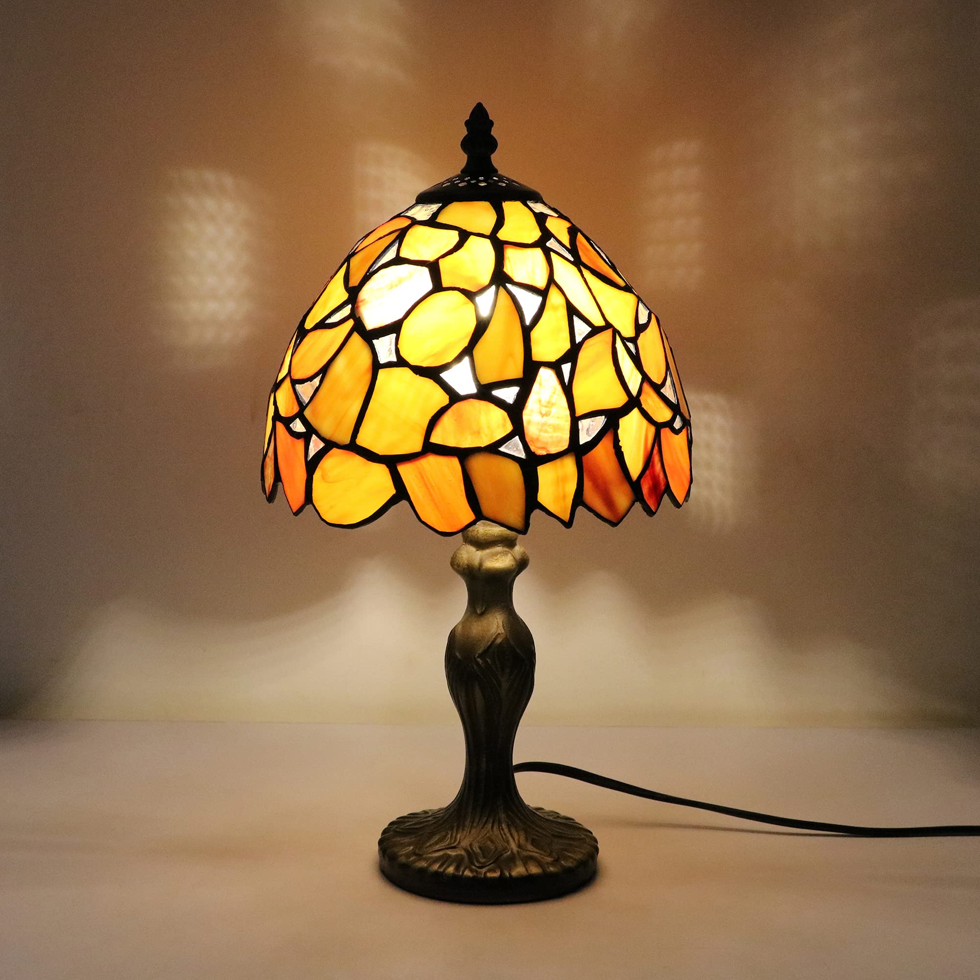 Tiffany Vintage Tischlampe - E14 Kinderzimmer Deko Glasmalerei Klein, Dellemade Gelbes Ahornblatt für Schlafzimmer/Wohnzimmer [Ohne Glühbirnen]