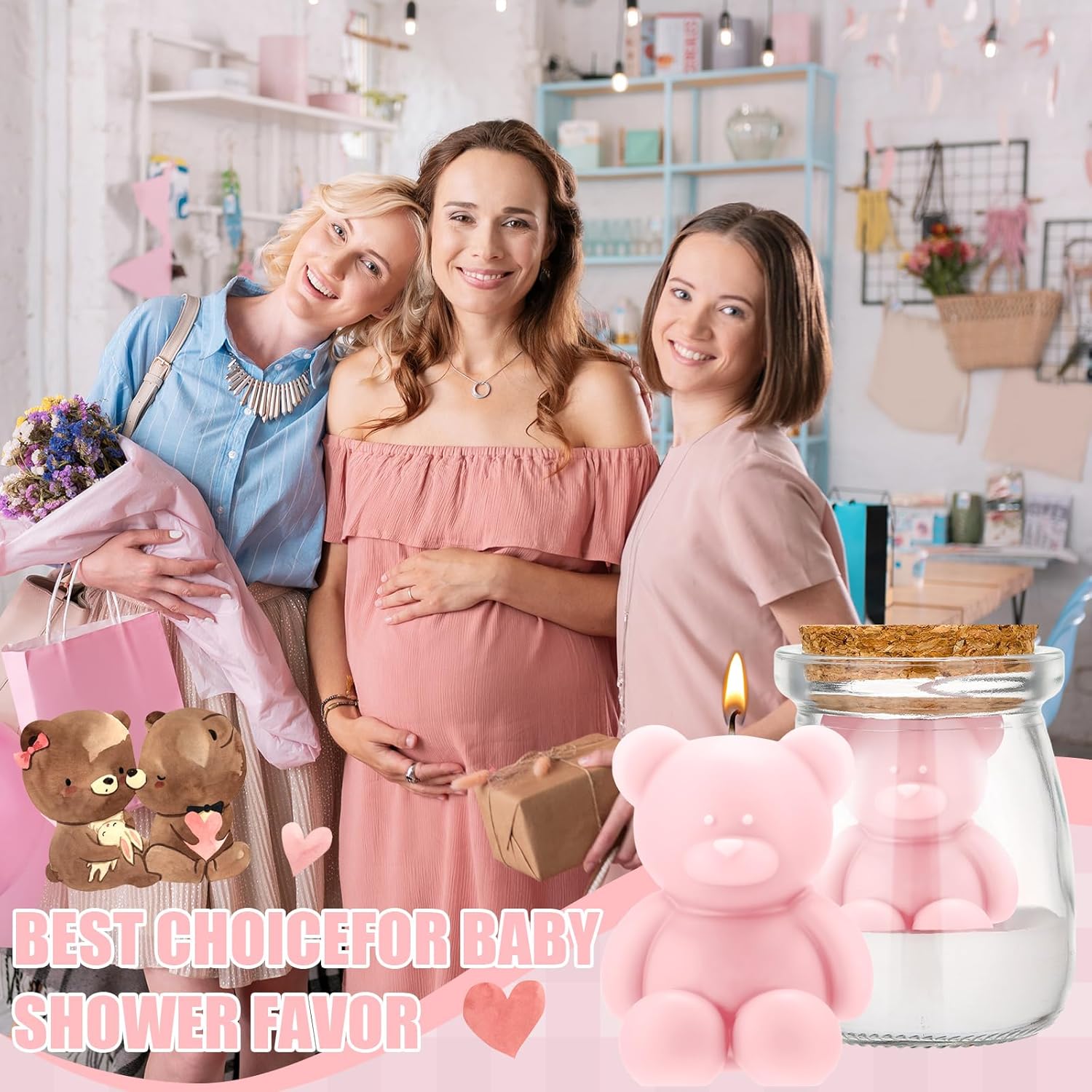 MTLEE 20 Sets Bear Baby Shower Favors Party Candle Pink Mason Jar Wax Candle Bulk for Guest Baby Shower Boys Girls Wedding Gender Reveal Party Decorations