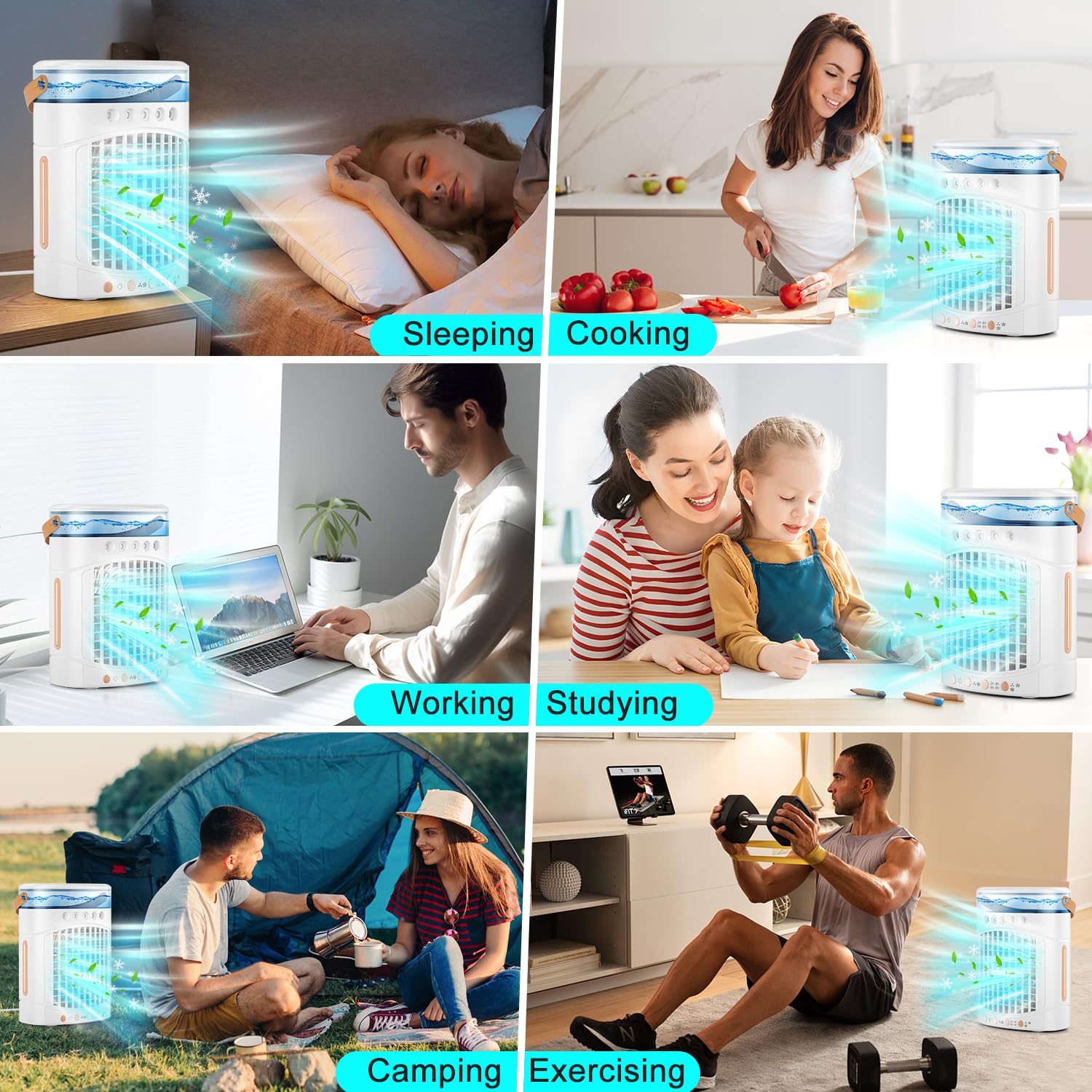 Ventiladores portátiles de aire acondicionado, ventilador portátil 4 en 1 con tanque de 23.7 fl oz, 2 velocidades y luces LED de 7 colores, mini unidad evaporativa de CA para campamento, oficina 3