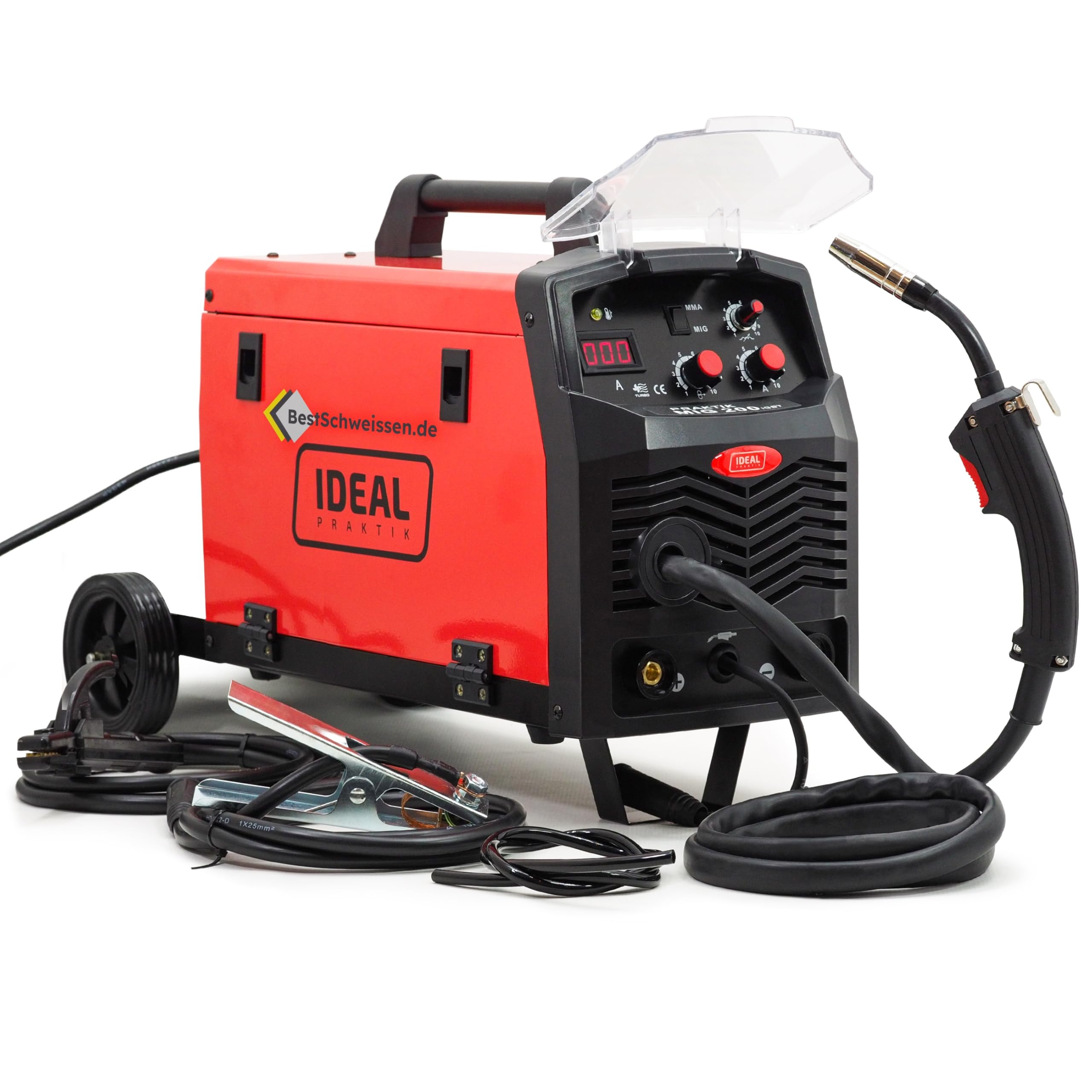 MIG MAG Schweißgerät Inverter 230V 200A, Schweißdraht 0,8mm 5kg, Gasflasche Ar/CO2, Schweißmagnet Set & Schweißschutzspray - Bestschweissen.de Ideal Praktik MIG 200